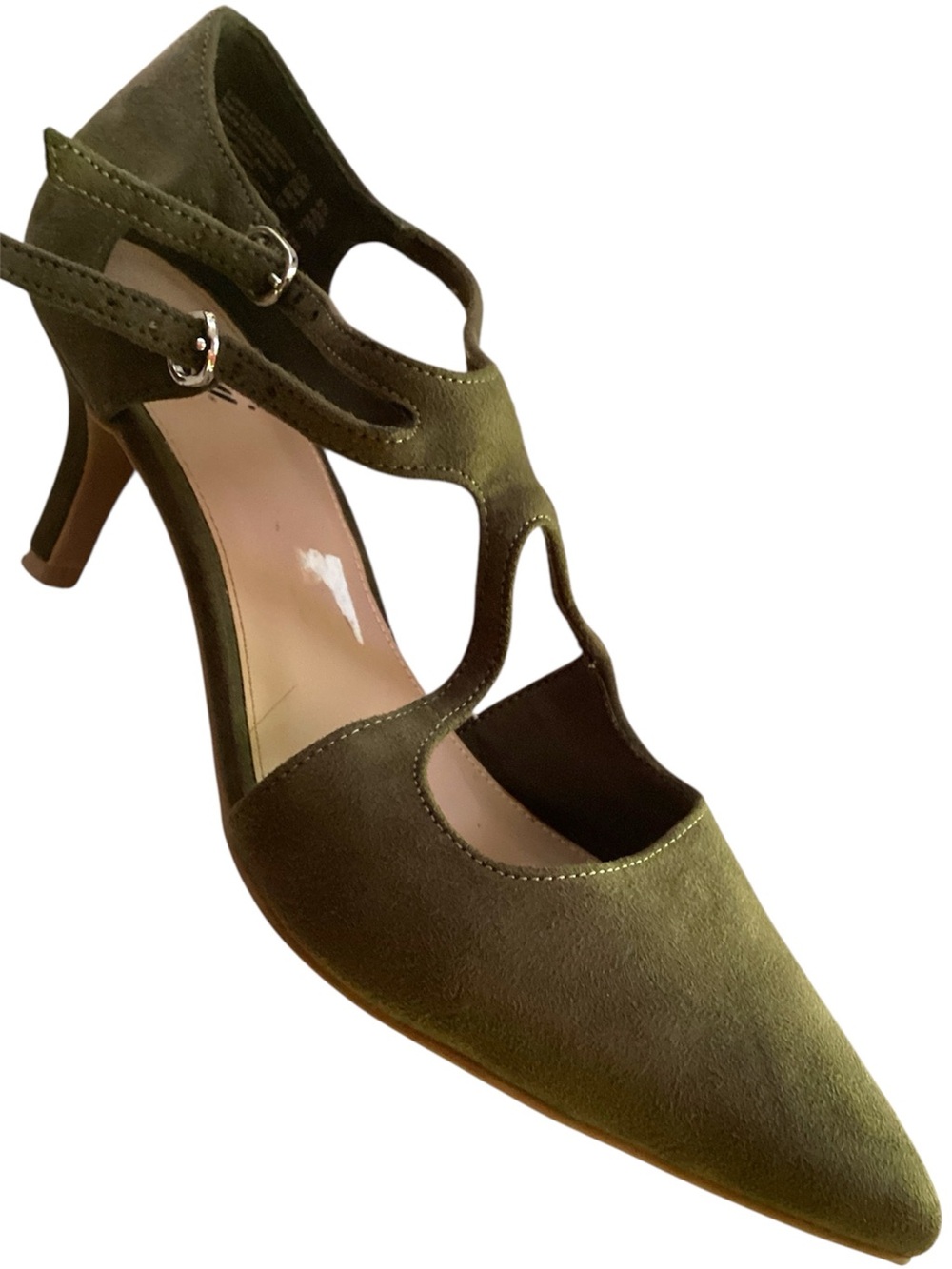 FIONI Low Heel Olive Green Sueded Pointed T-Strap Heels
